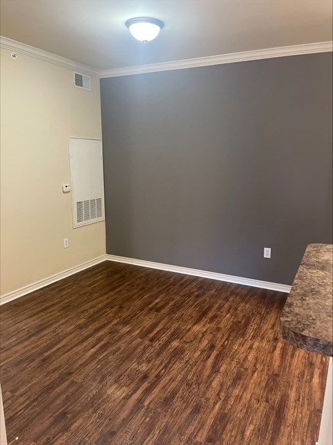 a living room with wood flooring and a gray wall and a couch